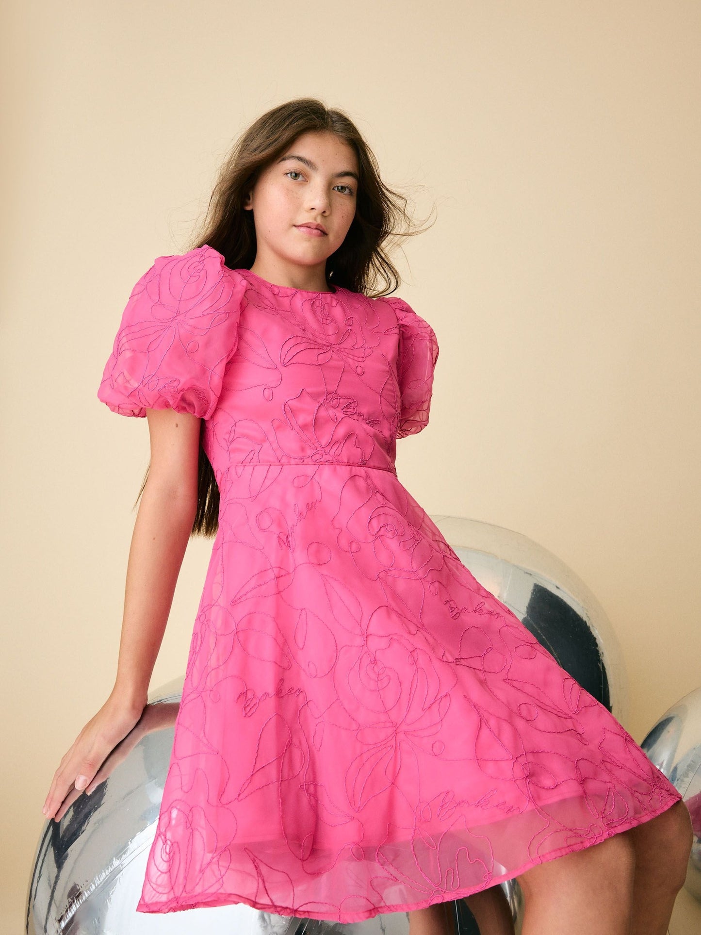 Baker by Ted Baker Pink Organza Cord Puff Sleeve Occasion Dress & Scrunchie Set image 4