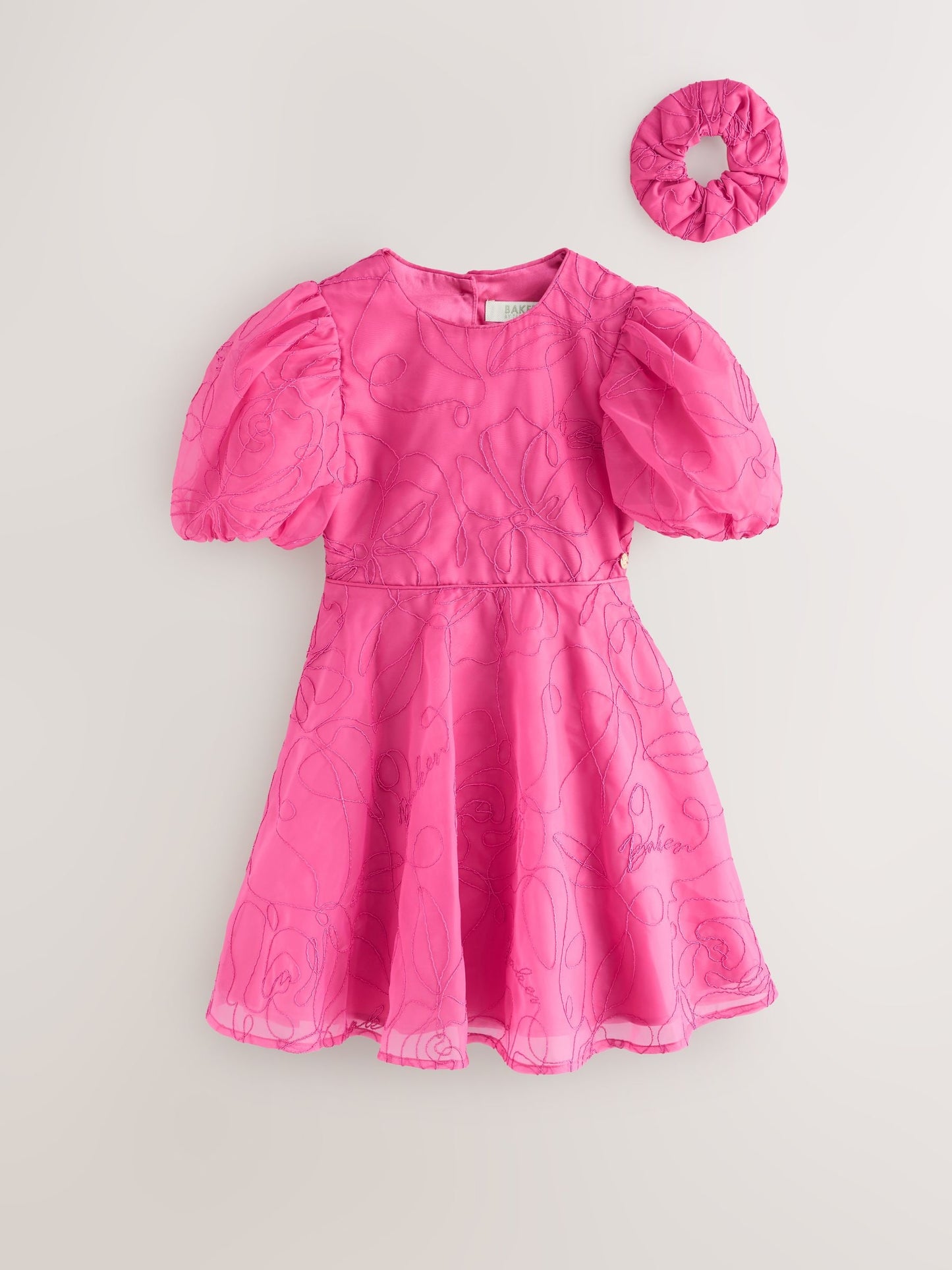 Baker by Ted Baker Pink Organza Cord Puff Sleeve Occasion Dress & Scrunchie Set image 7