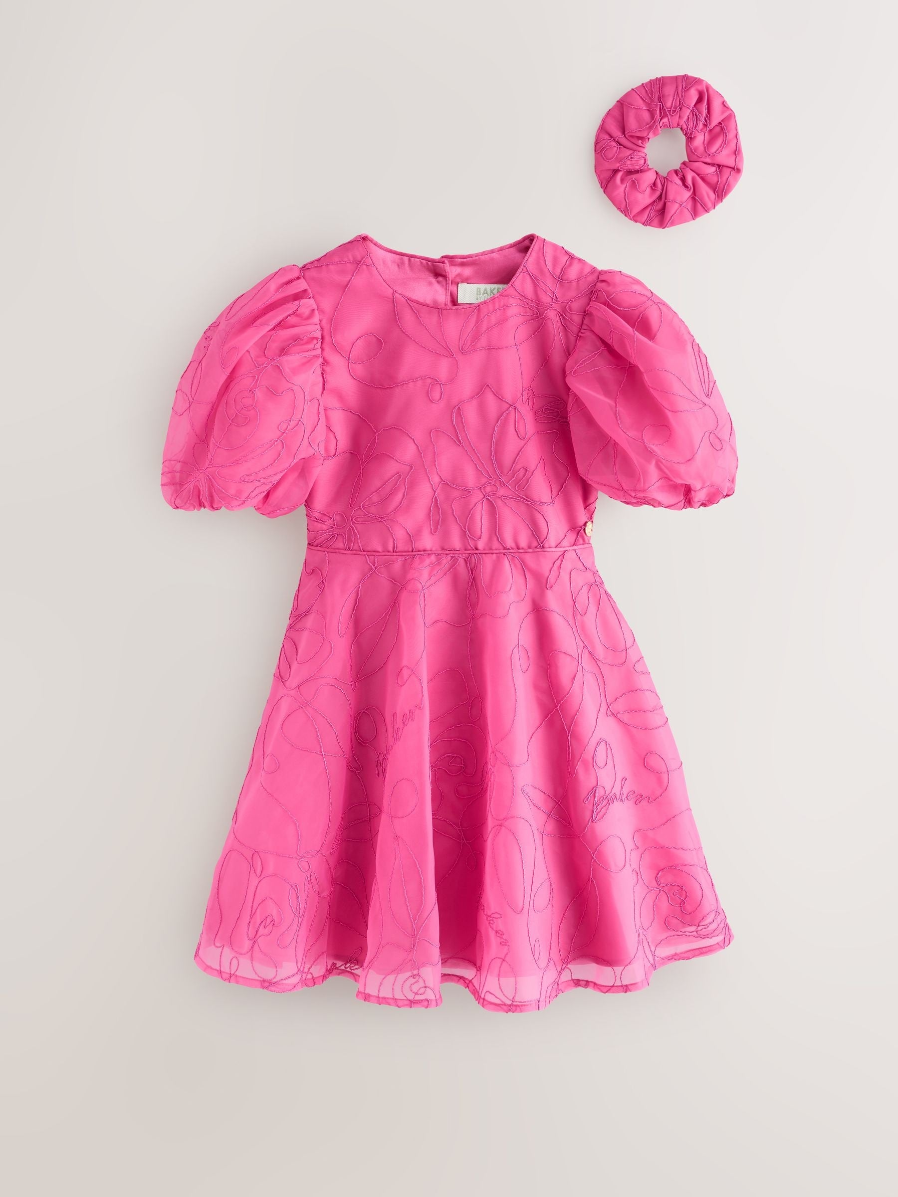 Baker by Ted Baker Pink Organza Cord Puff Sleeve Occasion Dress & Scrunchie Set image 7