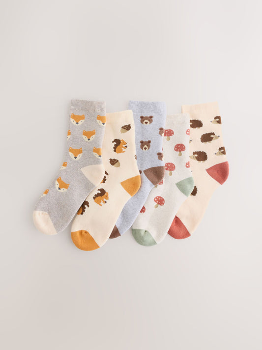 Ecru Woodland Animals Cosy Terry Cotton Rich Socks 5 Pack image 1