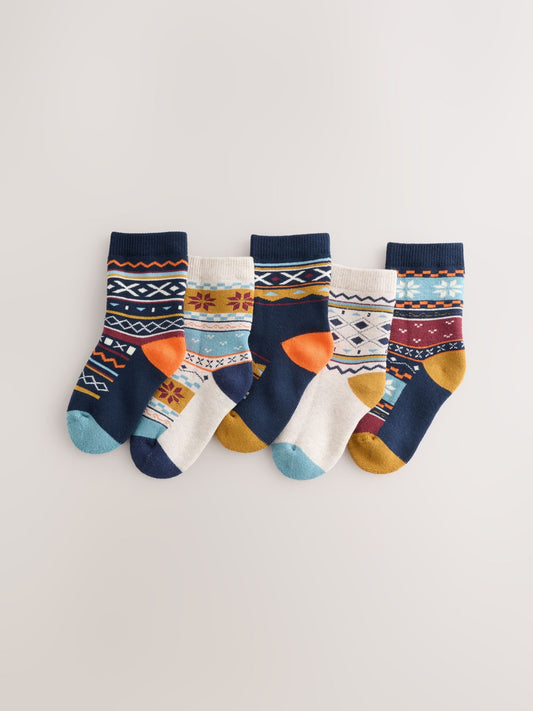 Navy Blue Fairisle Cosy Terry Cotton Rich Socks 5 Pack image 1
