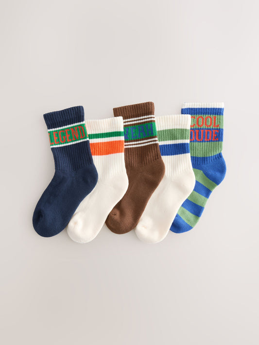 Ecru/Brown Slogan Stripe Cushioned Footbed Cotton Rich Ribbed Socks 5 Pack image 1