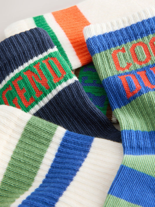 Ecru/Brown Slogan Stripe Cushioned Footbed Cotton Rich Ribbed Socks 5 Pack image 3