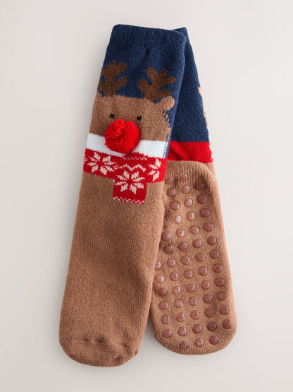 Brown/Navy Reindeer Christmas Cosy Socks 1 Pack image 1