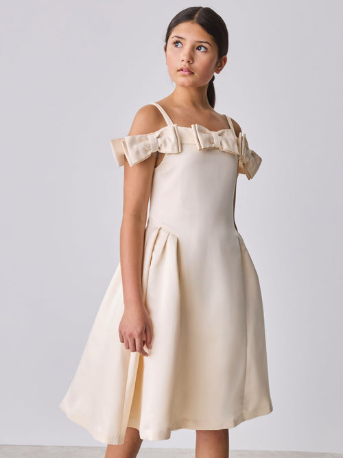 Dsiney Kidz - Baker by Ted Baker Champagne Gold Satin Bow Bardot Occasion Dress image 1