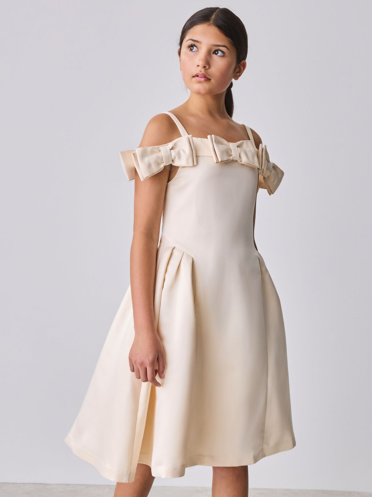 Dsiney Kidz - Baker by Ted Baker Champagne Gold Satin Bow Bardot Occasion Dress image 1
