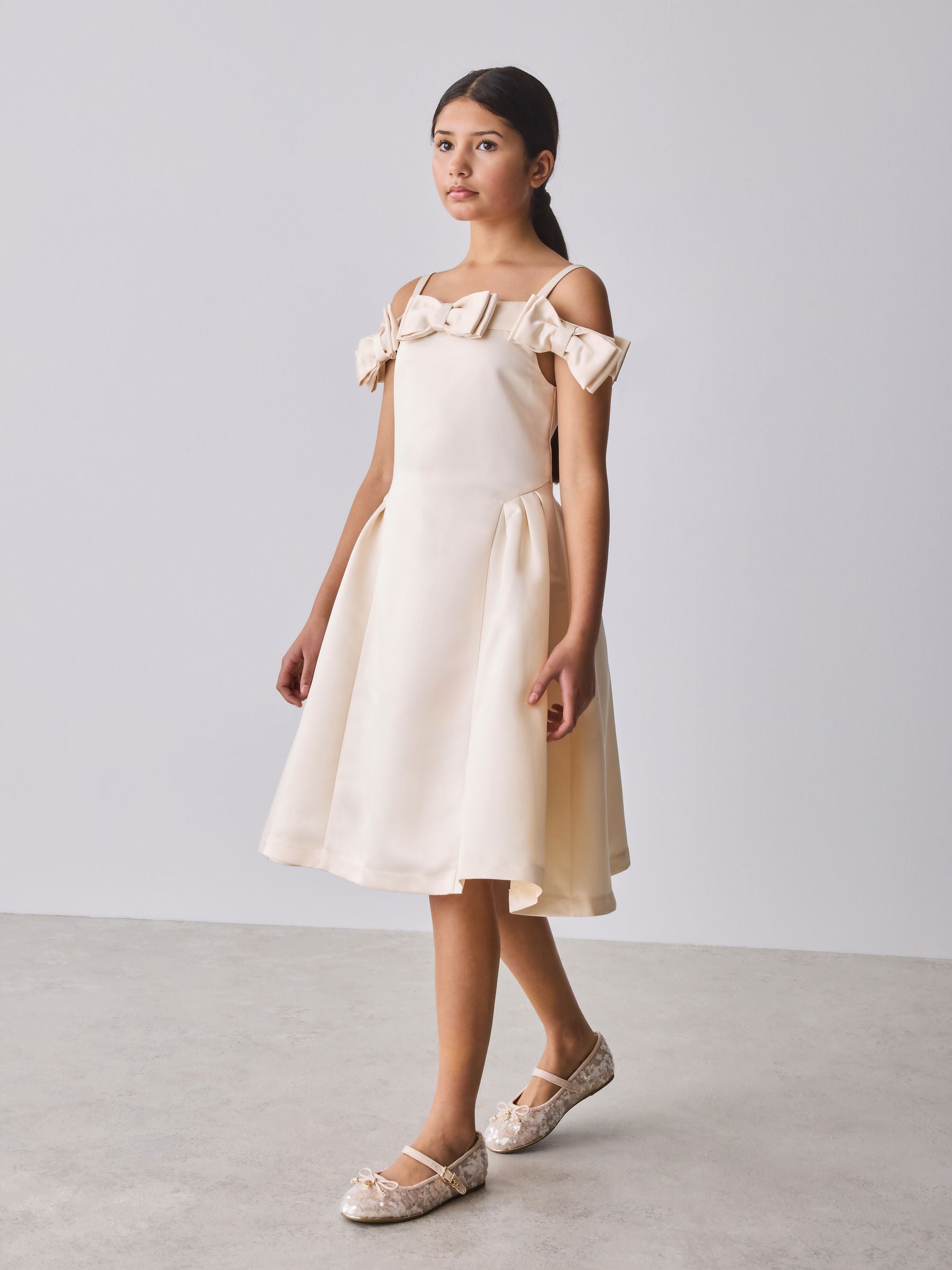 Baker by Ted Baker Champagne Gold Satin Bow Bardot Occasion Dress image 4