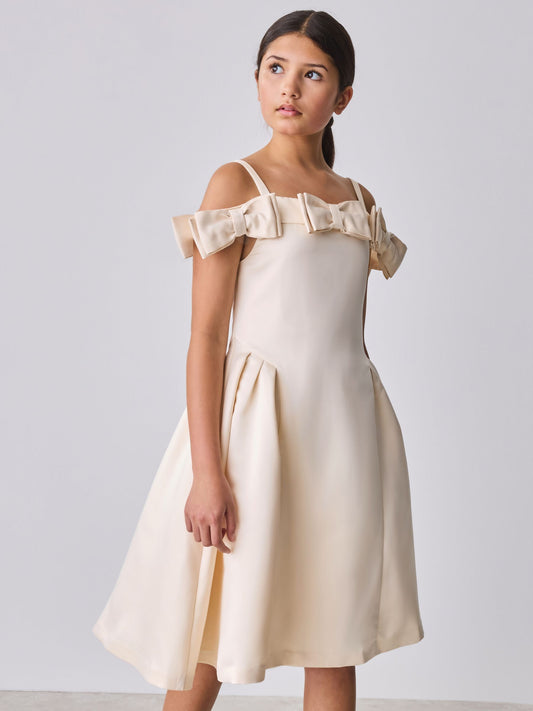 Baker by Ted Baker Champagne Gold Satin Bow Bardot Occasion Dress image 1