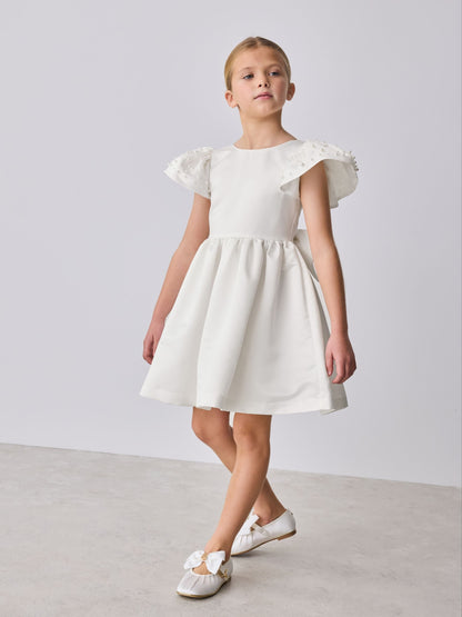 Baker by Ted Baker White Pearl Sleeve Satin Occasion Dress & Scrunchie image 1