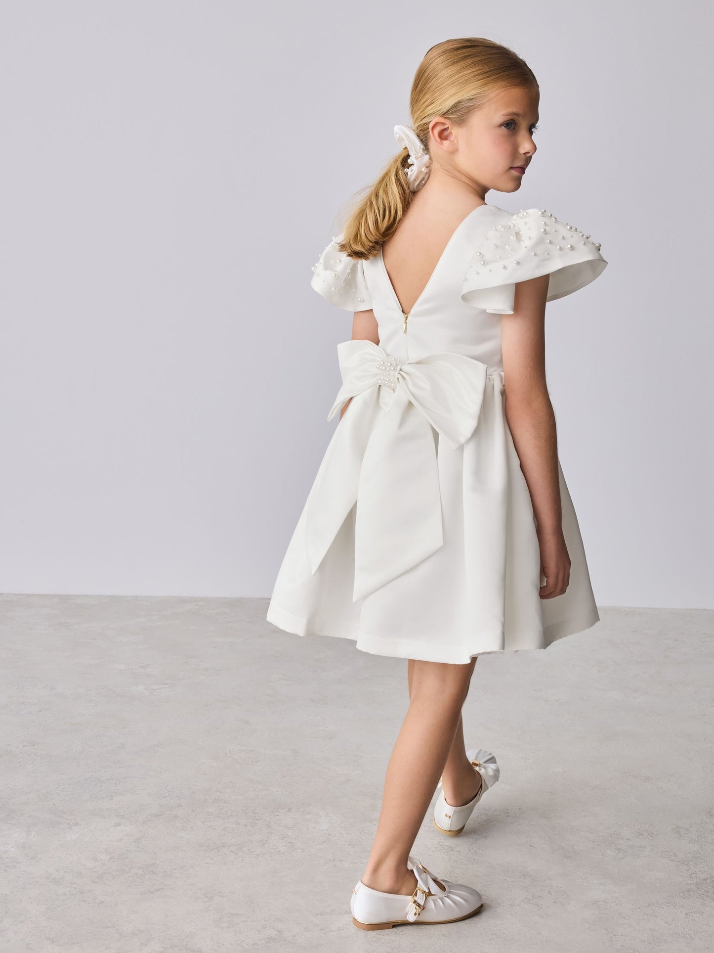 Baker by Ted Baker White Pearl Sleeve Satin Occasion Dress & Scrunchie image 2