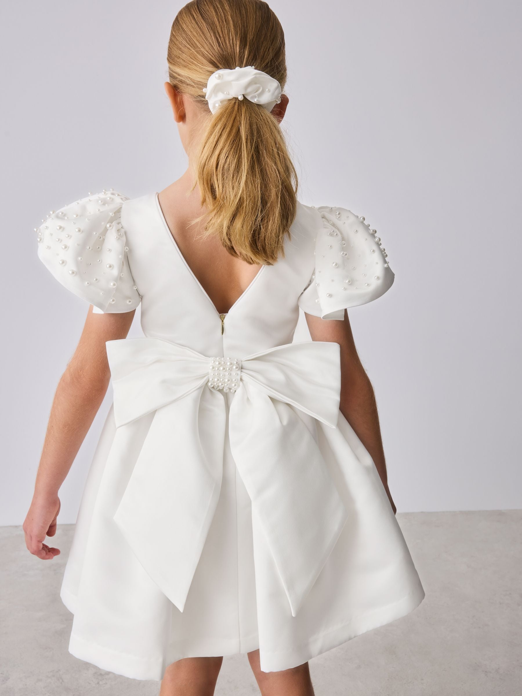 Baker by Ted Baker White Pearl Sleeve Satin Occasion Dress & Scrunchie image 3
