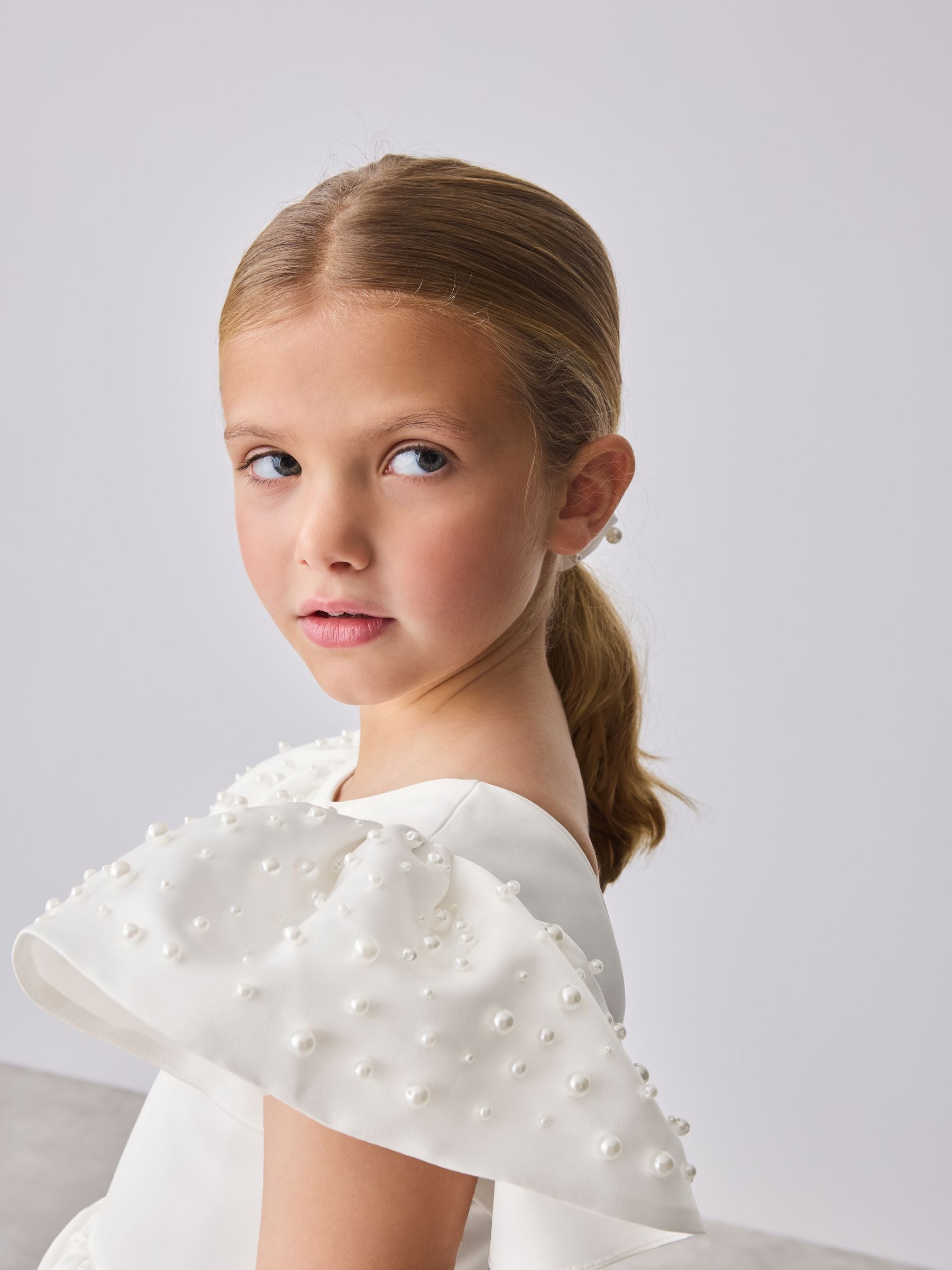Baker by Ted Baker White Pearl Sleeve Satin Occasion Dress & Scrunchie image 4