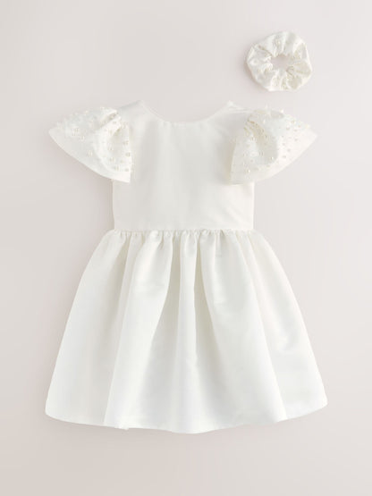Baker by Ted Baker White Pearl Sleeve Satin Occasion Dress & Scrunchie image 8