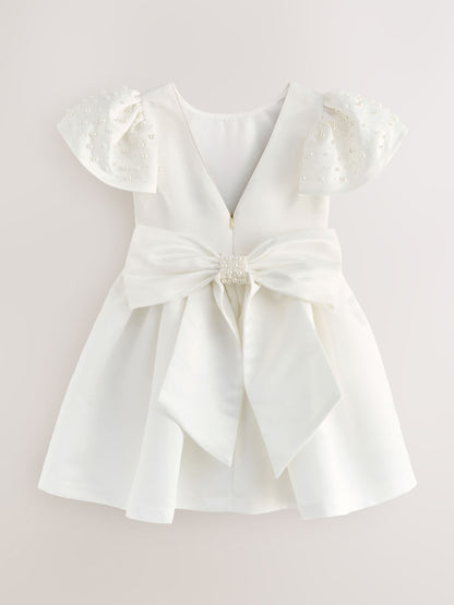 Baker by Ted Baker White Pearl Sleeve Satin Occasion Dress & Scrunchie image 9