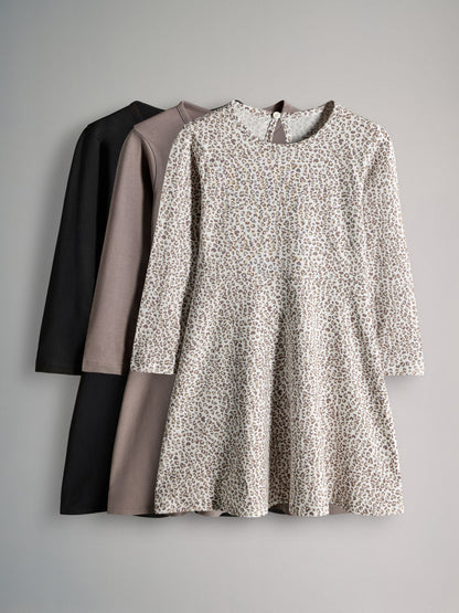 The Set 3 Pack Long Sleeve Skater Cotton Dresses Black/Brown/Grey Marl image 2