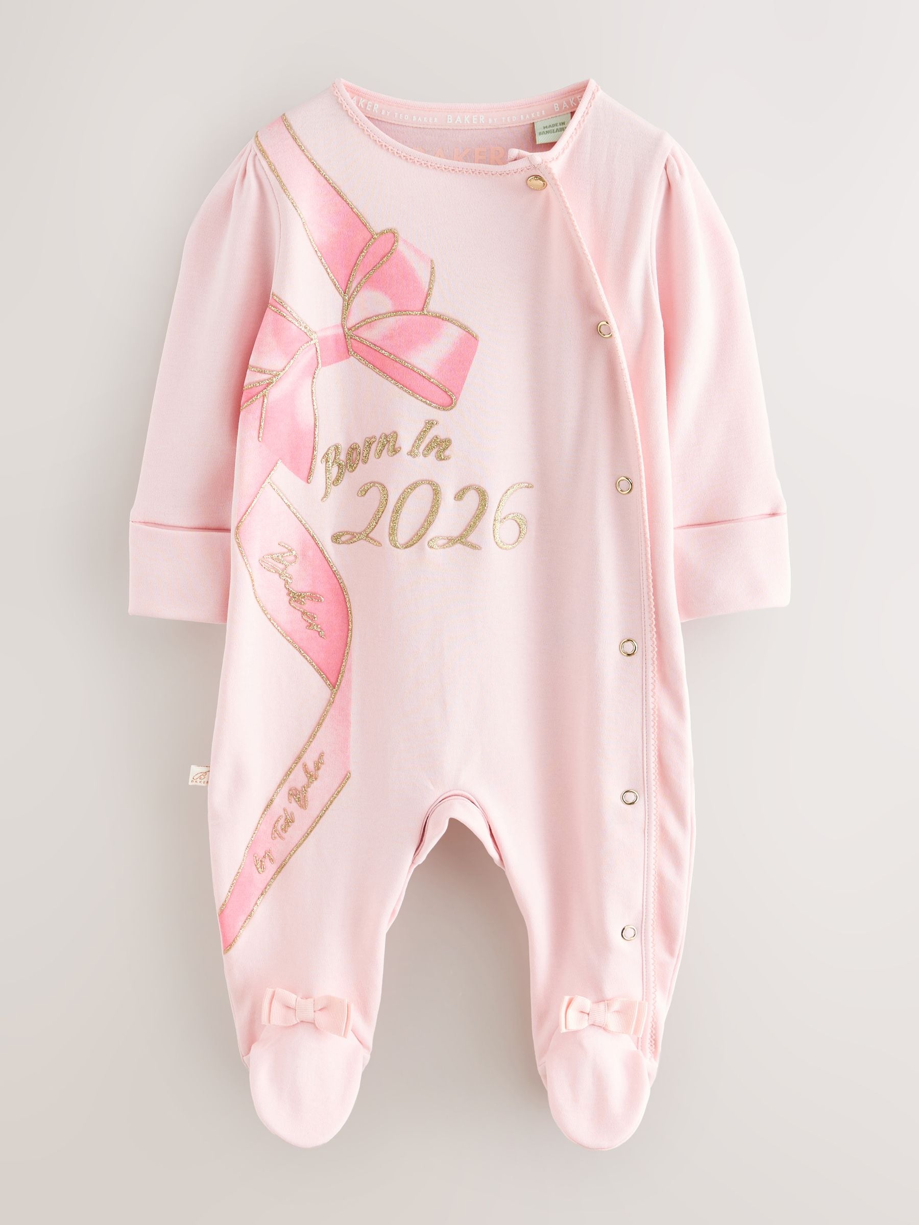 Baker by Ted Baker Pink Born In 2026 Ribbon Bow Sleepsuit image 1