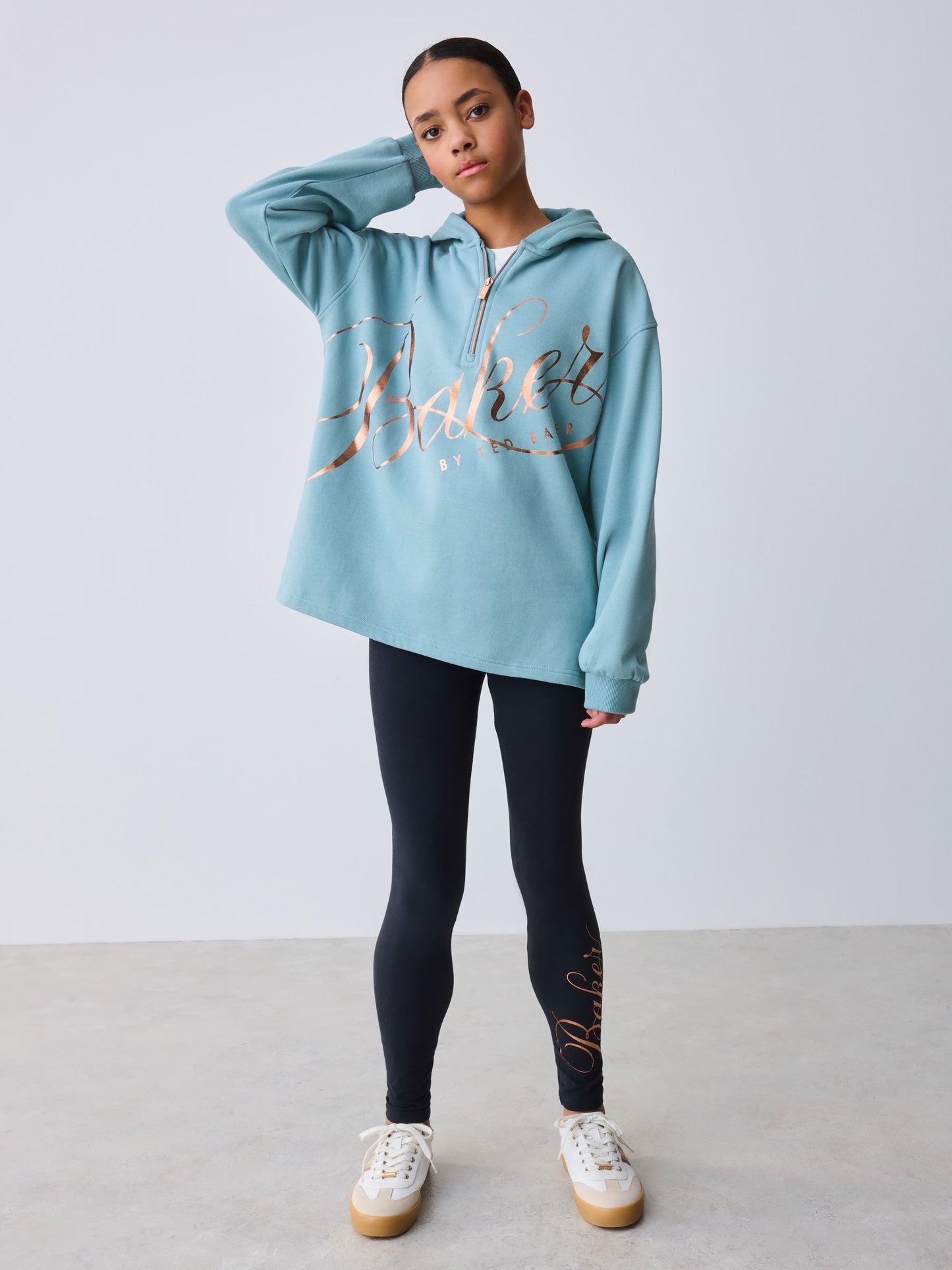 Baker by Ted Baker Sage Green 2 Piece Script Graphic Quarter Zip Hoodie & Leggings Set image 1