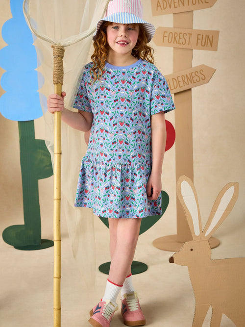 Joules Girls' Sienna Blue Strawberry Short Sleeve Frill Jersey Dress image 1