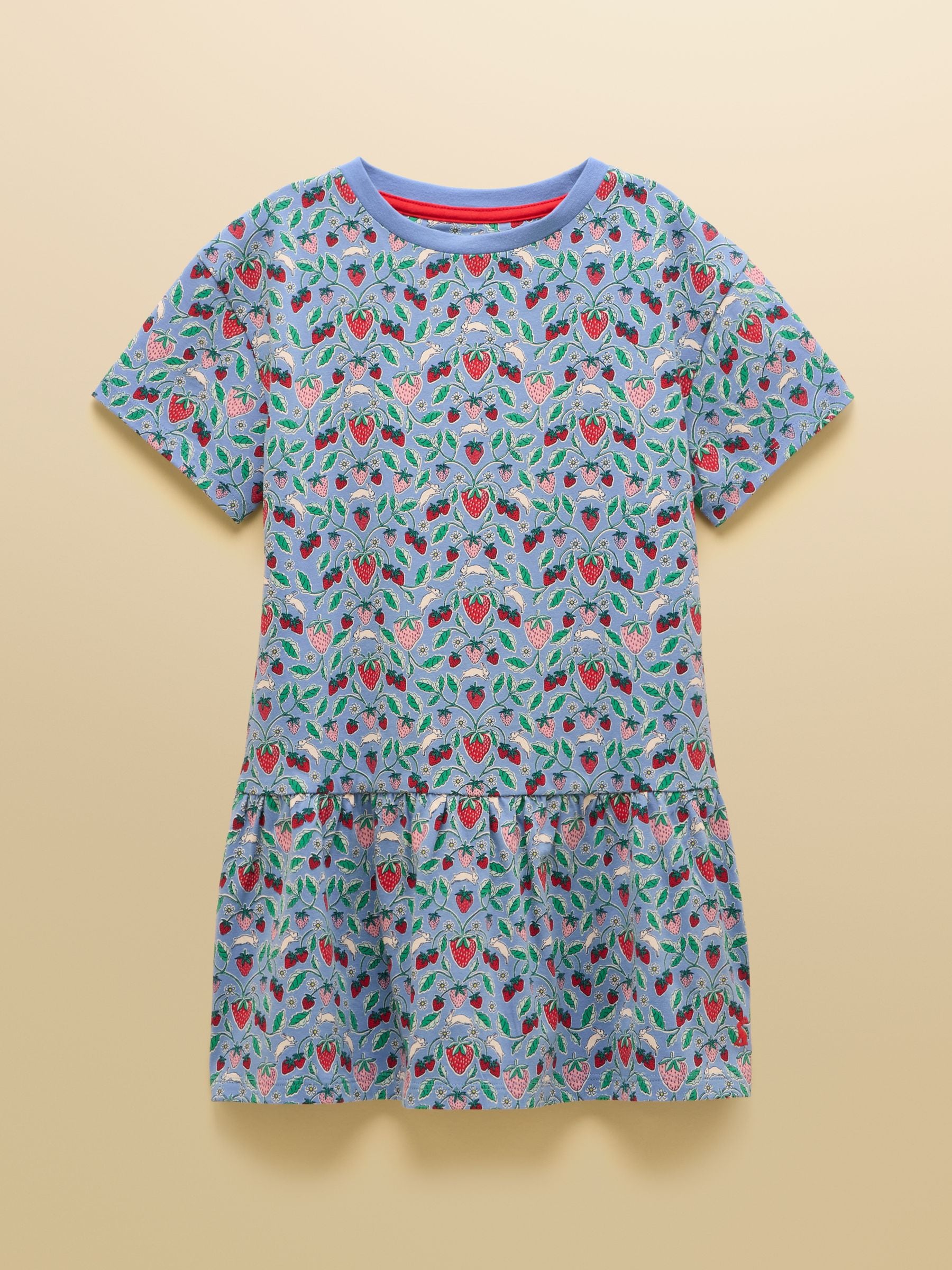 Joules Girls' Sienna Blue Strawberry Short Sleeve Frill Jersey Dress image 3