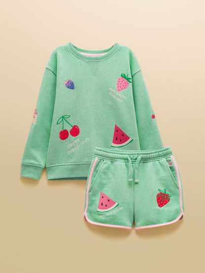 Joules Girls' Summerdays Green Embroideries Sweat and Shorts Set image 4