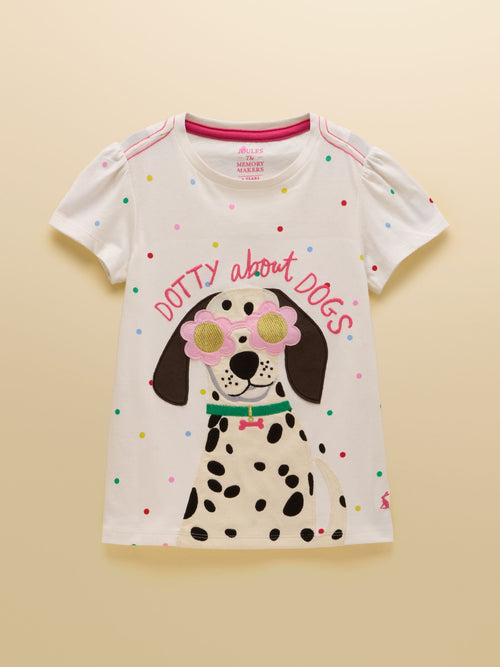 Joules Girls' Astra White Dog Applique Cotton T-Shirt image 1