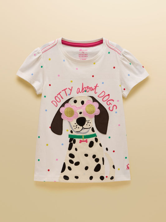 Joules Girls' Astra White Dog Applique Cotton T-Shirt image 1