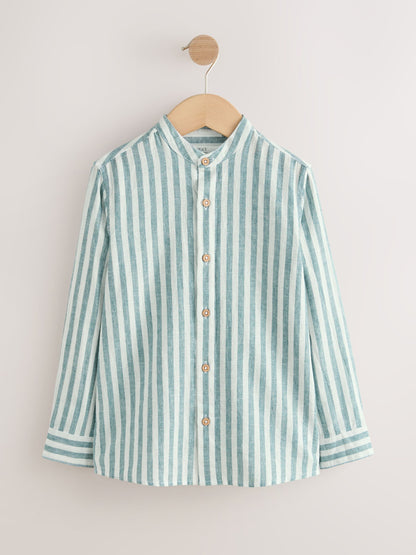 Dsiney Kidz - Green/Ecru Stripe Grandad Collar Linen Mix Long Sleeve Shirt (3-16yrs) image 1