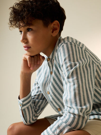 Dsiney Kidz - Green/Ecru Stripe Grandad Collar Linen Mix Long Sleeve Shirt (3-16yrs) image 2
