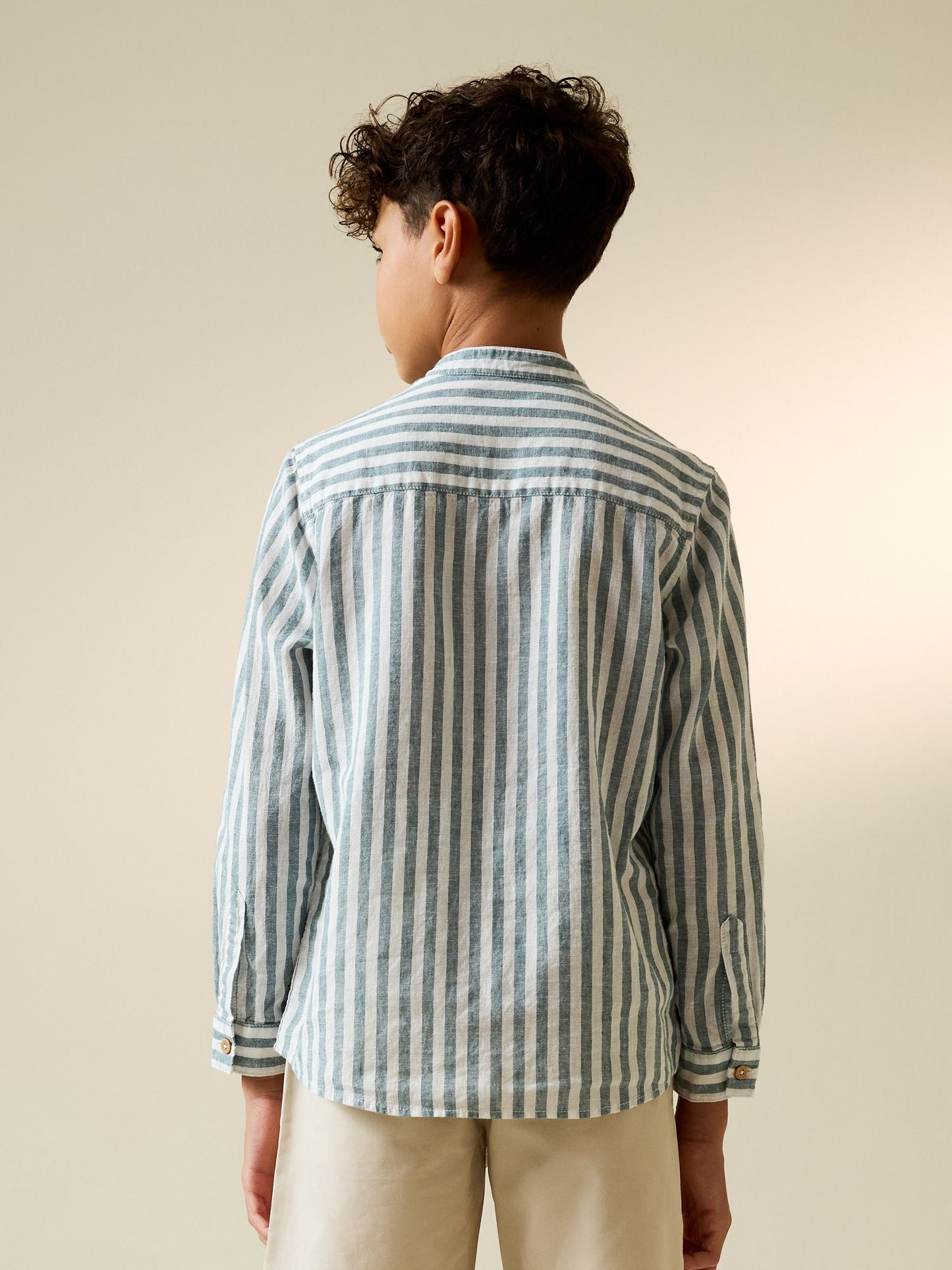 Dsiney Kidz - Green/Ecru Stripe Grandad Collar Linen Mix Long Sleeve Shirt (3-16yrs) image 3