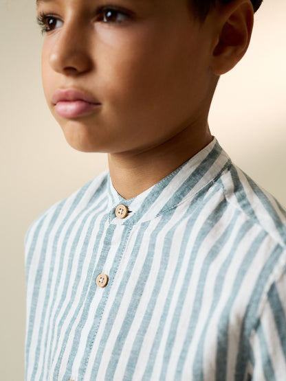 Dsiney Kidz - Green/Ecru Stripe Grandad Collar Linen Mix Long Sleeve Shirt (3-16yrs) image 4