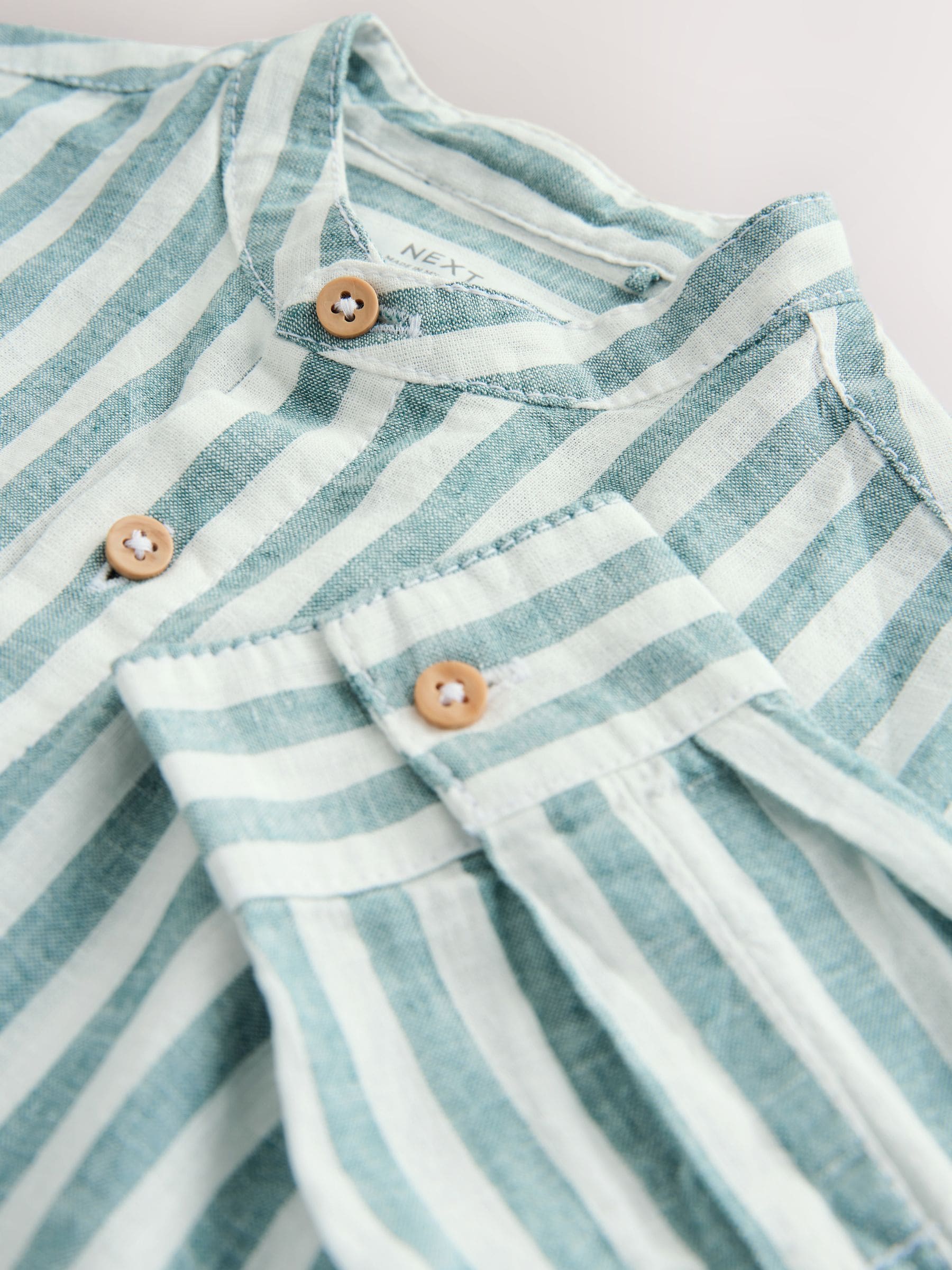 Dsiney Kidz - Green/Ecru Stripe Grandad Collar Linen Mix Long Sleeve Shirt (3-16yrs) image 7