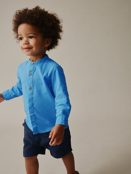Dsiney Kidz - Cobalt Blue Grandad Collar Linen Mix Shirt (3mths-7yrs) image 2