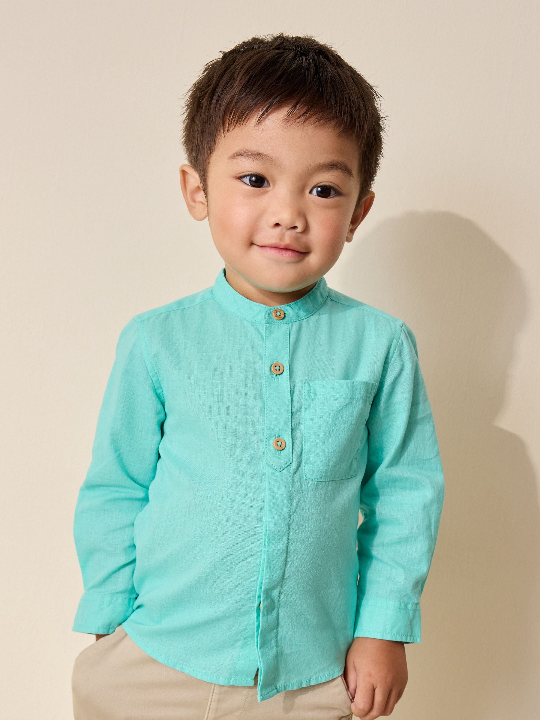Dsiney Kidz - Aqua Blue Grandad Collar Linen Mix Shirt (3mths-7yrs) image 1