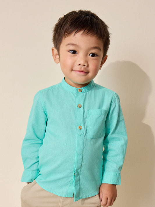 Dsiney Kidz - Aqua Blue Grandad Collar Linen Mix Shirt (3mths-7yrs) image 1