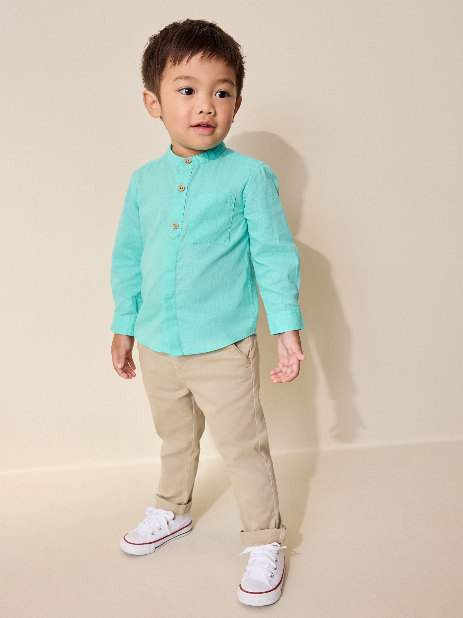 Dsiney Kidz - Aqua Blue Grandad Collar Linen Mix Shirt (3mths-7yrs) image 3