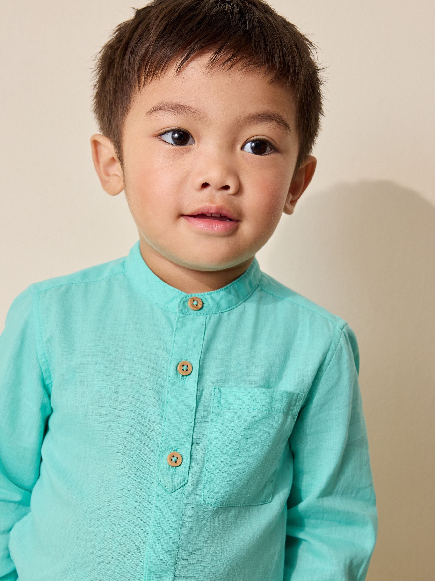 Dsiney Kidz - Aqua Blue Grandad Collar Linen Mix Shirt (3mths-7yrs) image 4