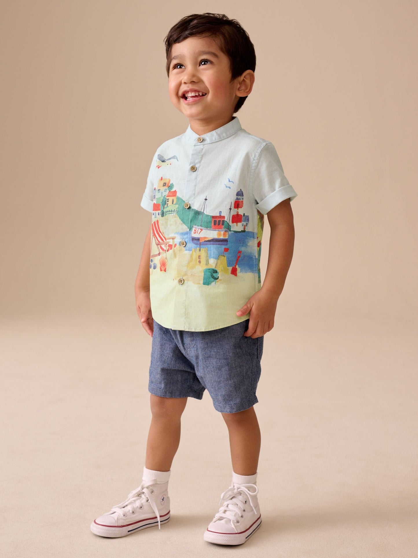 Dsiney Kidz - Blue Seaside Scene Short Sleeve Grandad Collar Printed Shirt (3mths-7yrs) image 1