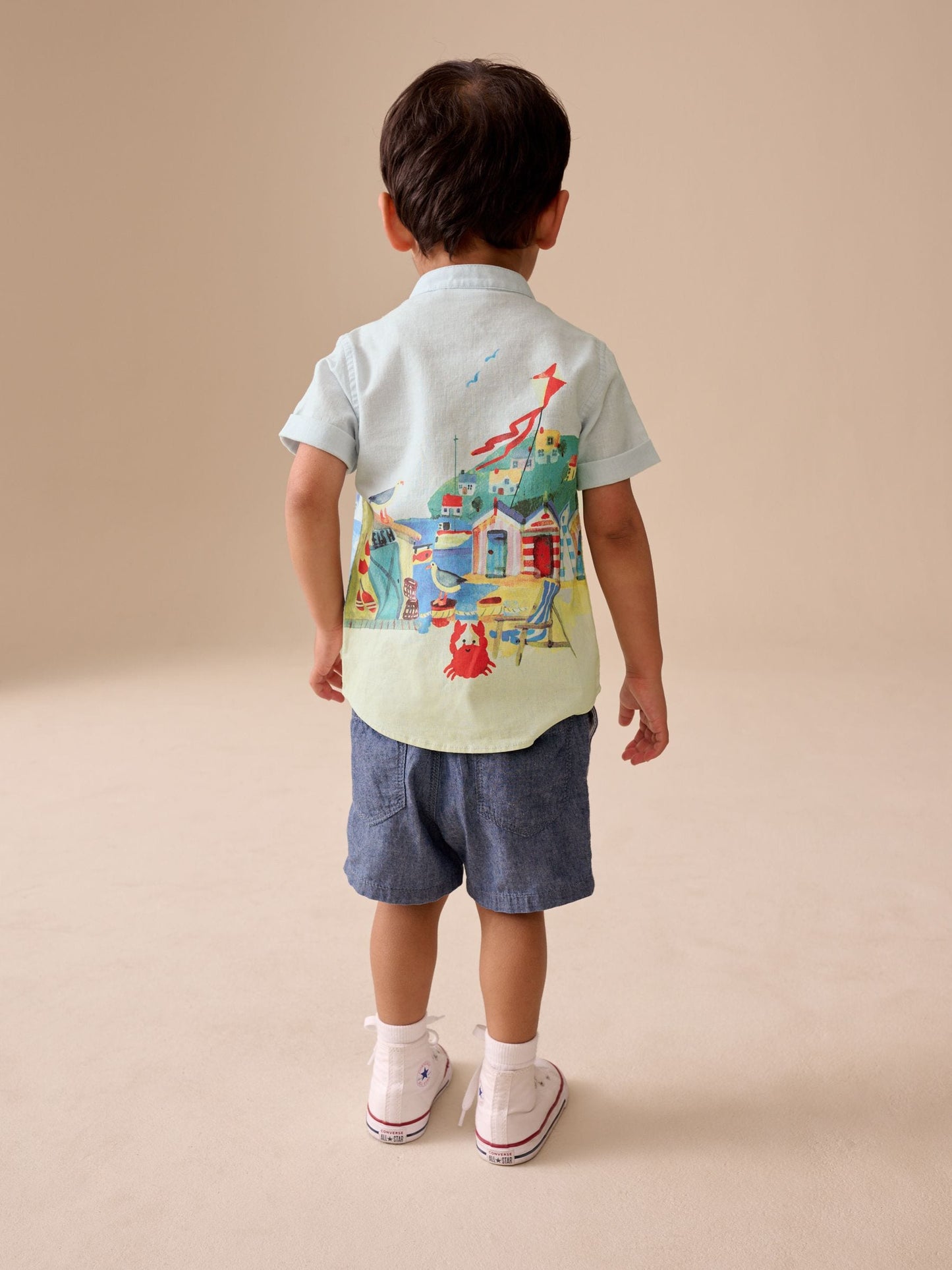 Dsiney Kidz - Blue Seaside Scene Short Sleeve Grandad Collar Printed Shirt (3mths-7yrs) image 2
