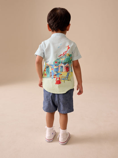 Dsiney Kidz - Blue Seaside Scene Short Sleeve Grandad Collar Printed Shirt (3mths-7yrs) image 2