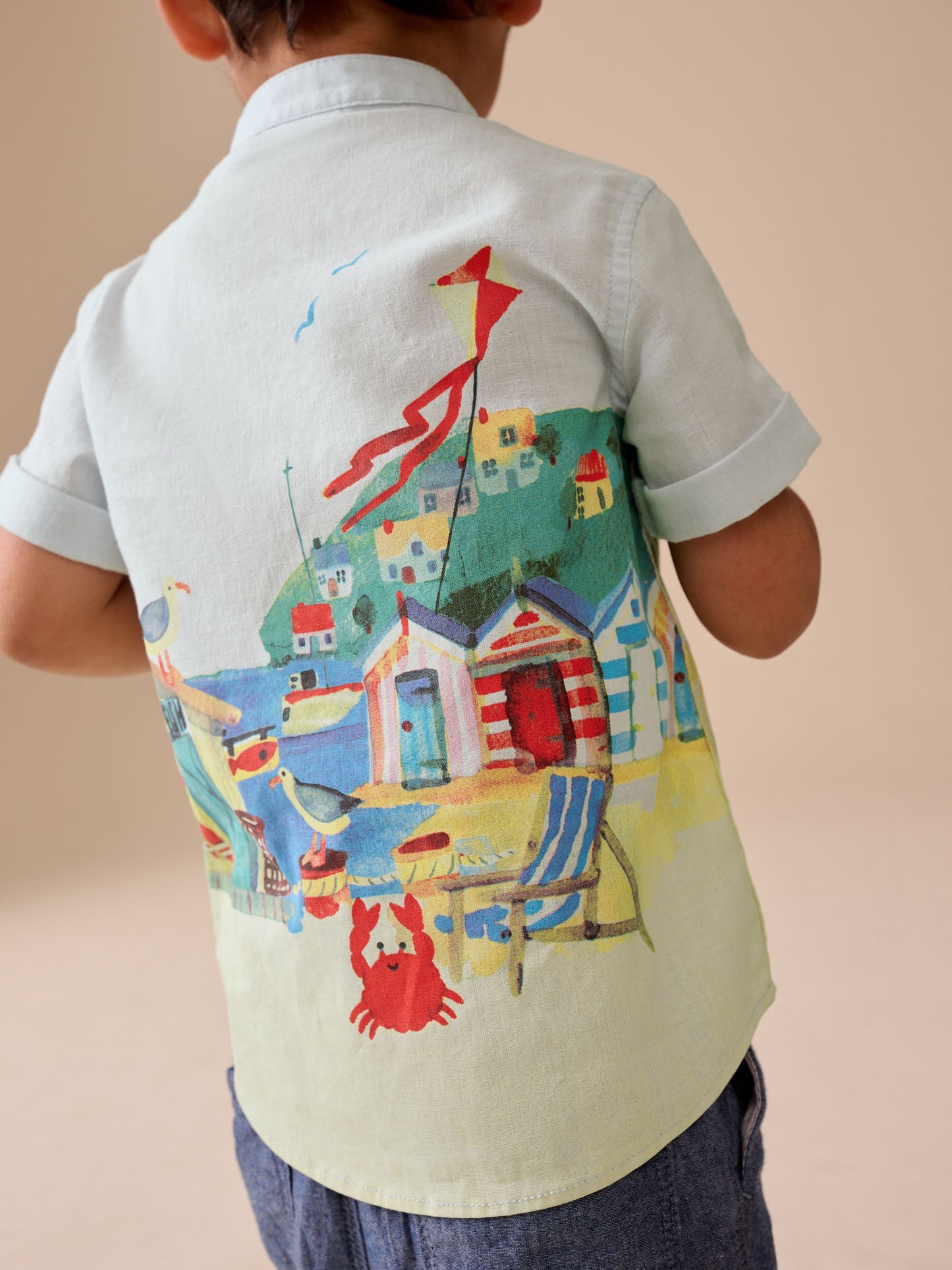 Dsiney Kidz - Blue Seaside Scene Short Sleeve Grandad Collar Printed Shirt (3mths-7yrs) image 3