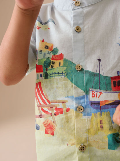 Dsiney Kidz - Blue Seaside Scene Short Sleeve Grandad Collar Printed Shirt (3mths-7yrs) image 4