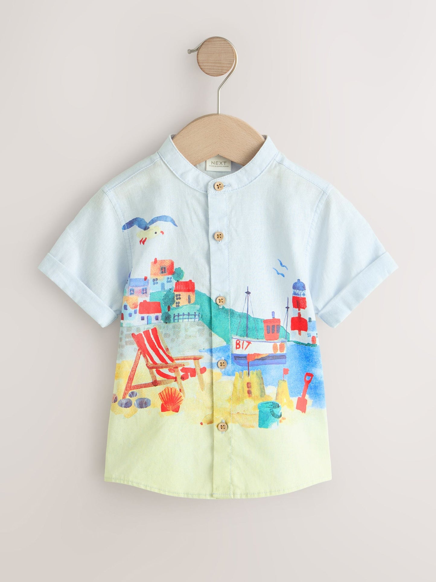 Dsiney Kidz - Blue Seaside Scene Short Sleeve Grandad Collar Printed Shirt (3mths-7yrs) image 5