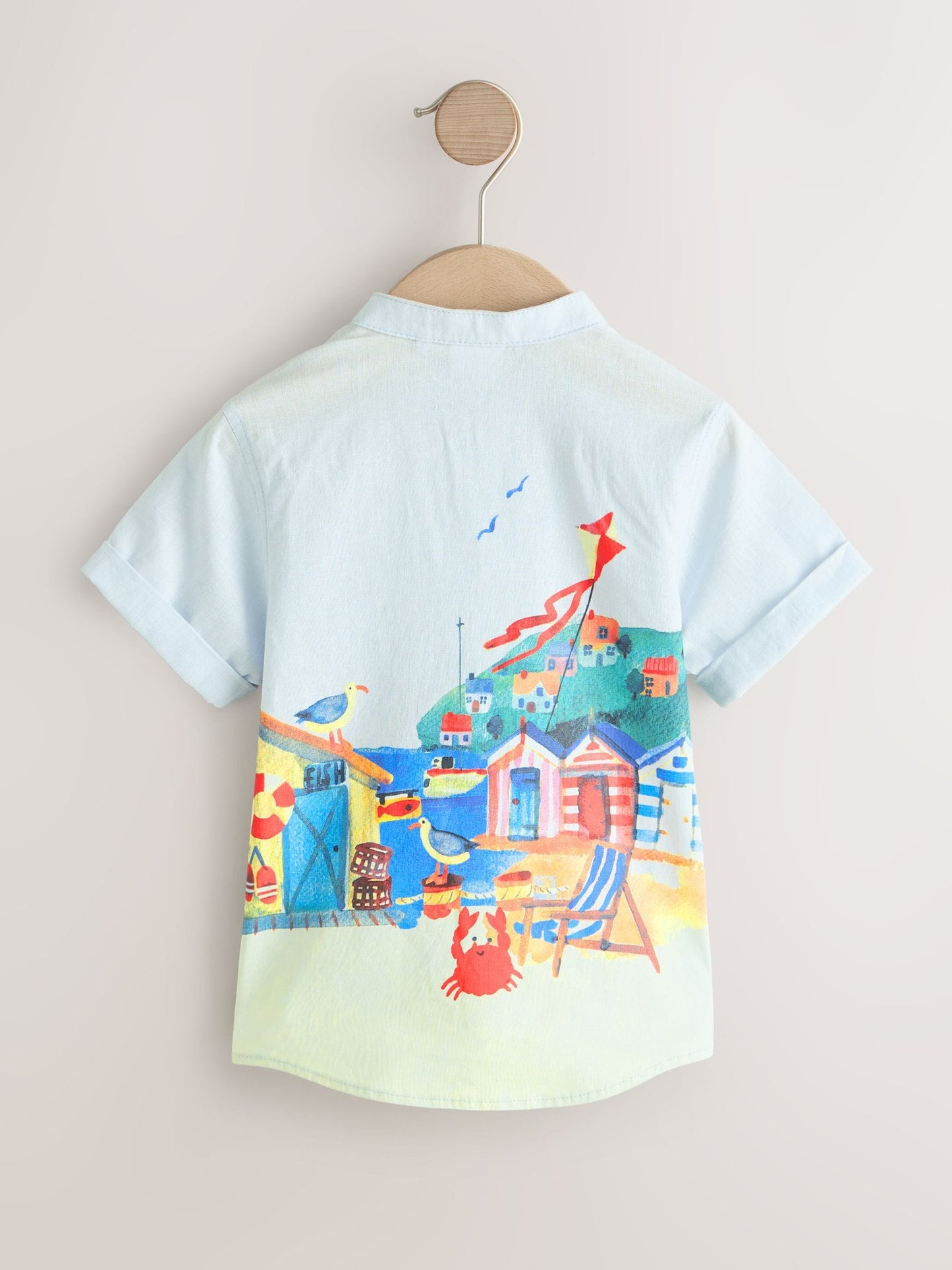 Dsiney Kidz - Blue Seaside Scene Short Sleeve Grandad Collar Printed Shirt (3mths-7yrs) image 6