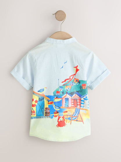 Dsiney Kidz - Blue Seaside Scene Short Sleeve Grandad Collar Printed Shirt (3mths-7yrs) image 6