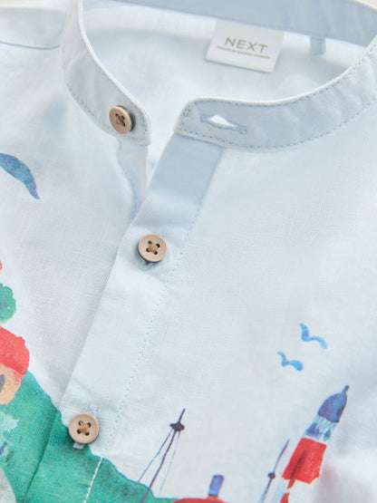 Dsiney Kidz - Blue Seaside Scene Short Sleeve Grandad Collar Printed Shirt (3mths-7yrs) image 7