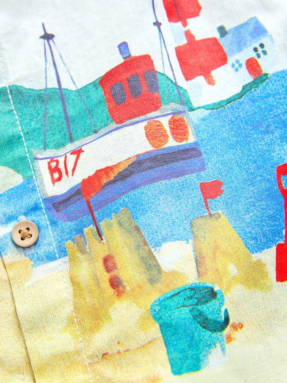 Dsiney Kidz - Blue Seaside Scene Short Sleeve Grandad Collar Printed Shirt (3mths-7yrs) image 8