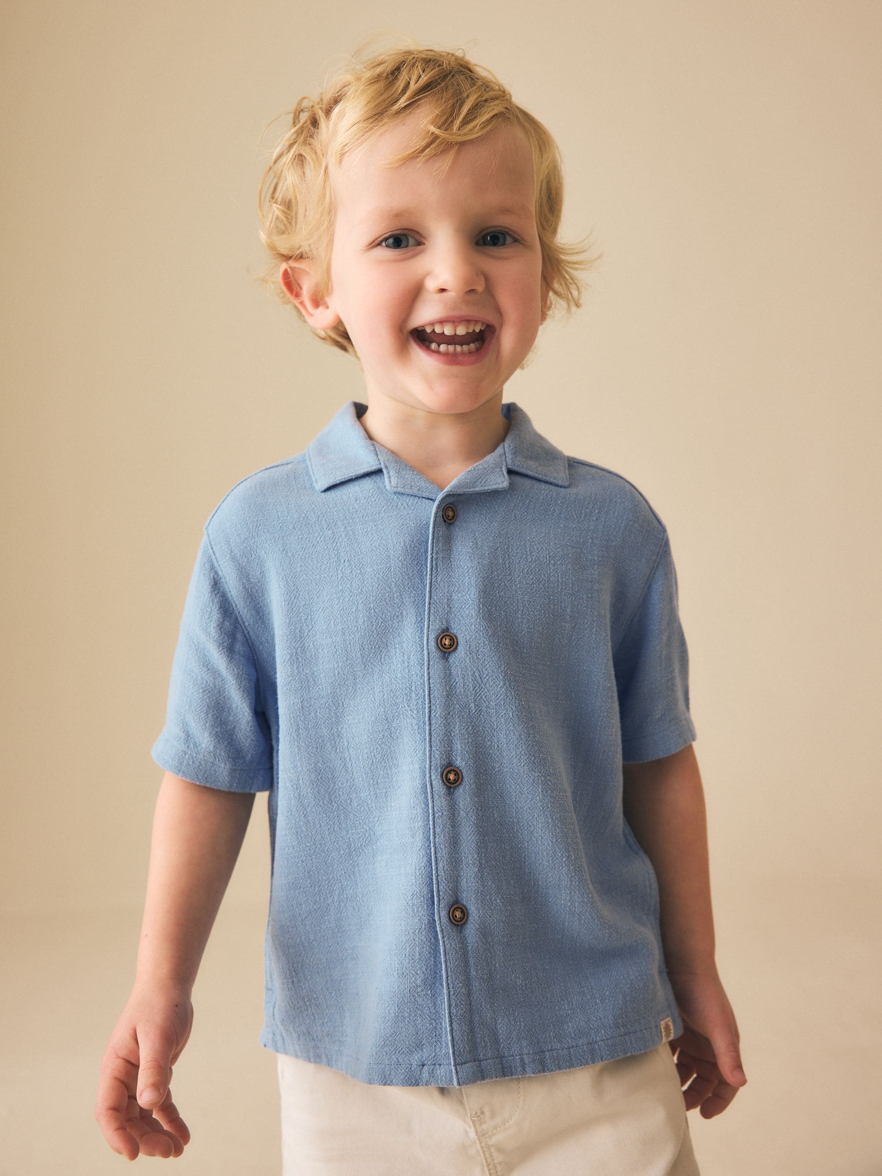 Dsiney Kidz - Blue Short Sleeves Linen Blend Revere Collar Shirt (3mths-7yrs) image 1