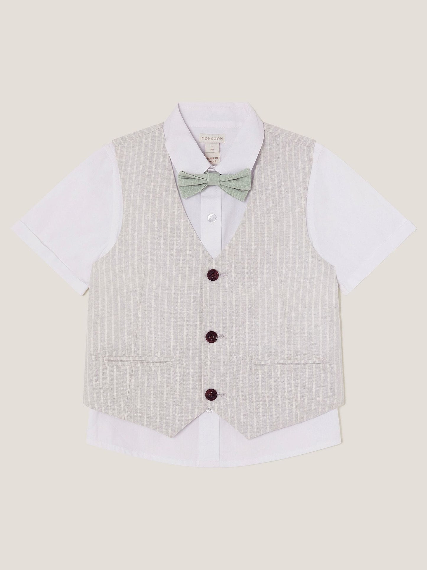 Monsoon Grey 100% Cotton Shirt and Waistcoat Set 3 Piece with Bow image 1