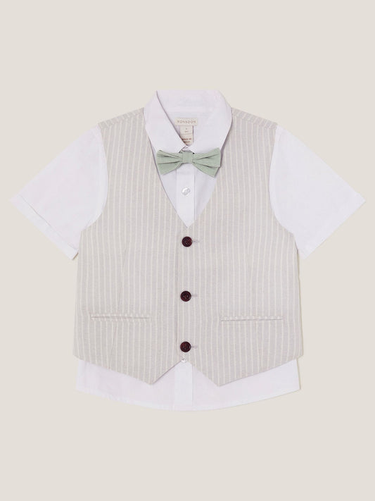 Monsoon Grey 100% Cotton Shirt and Waistcoat Set 3 Piece with Bow image 1