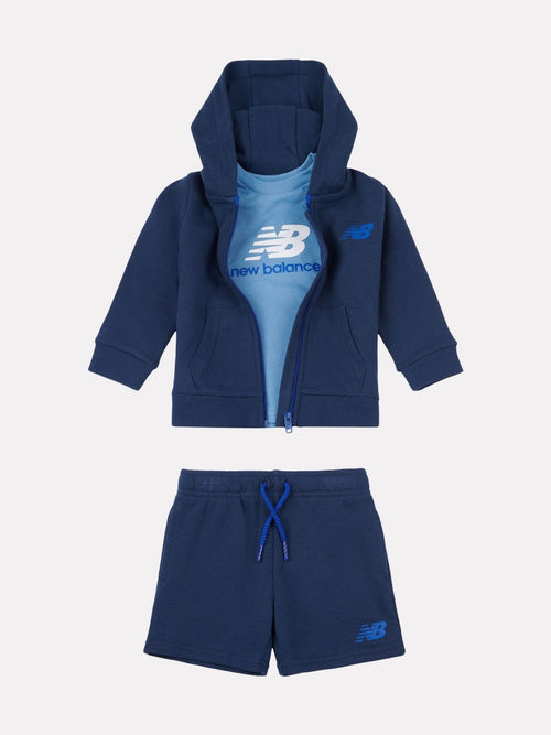 New Balance Navy Kids Zip Thru Hoodie 100% Cotton T-Shirt & Shorts Set image 1
